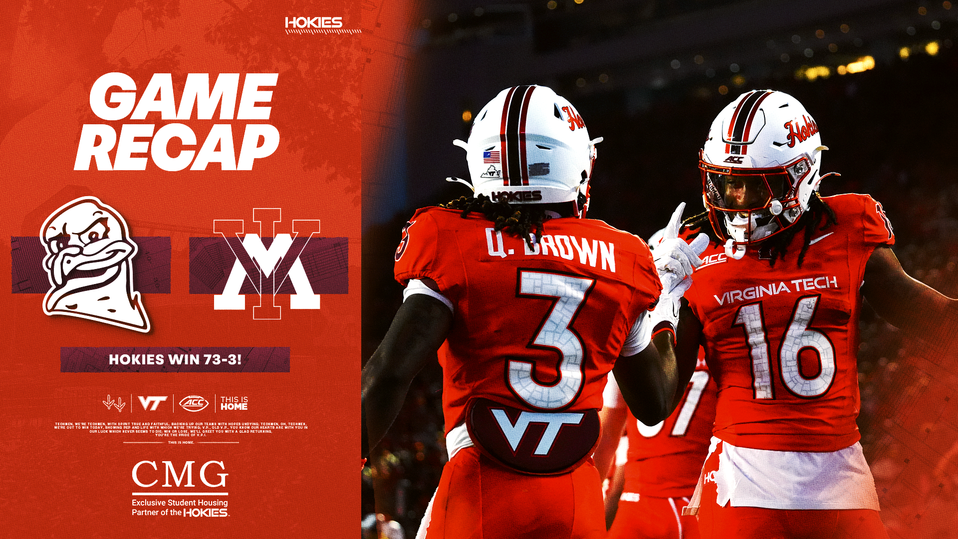 Hokies race out to big lead, defeat VMI 73-3 Saturday night